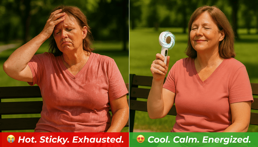 Woman overheating on a park bench, then cooled and comfortable using a handheld cooling device